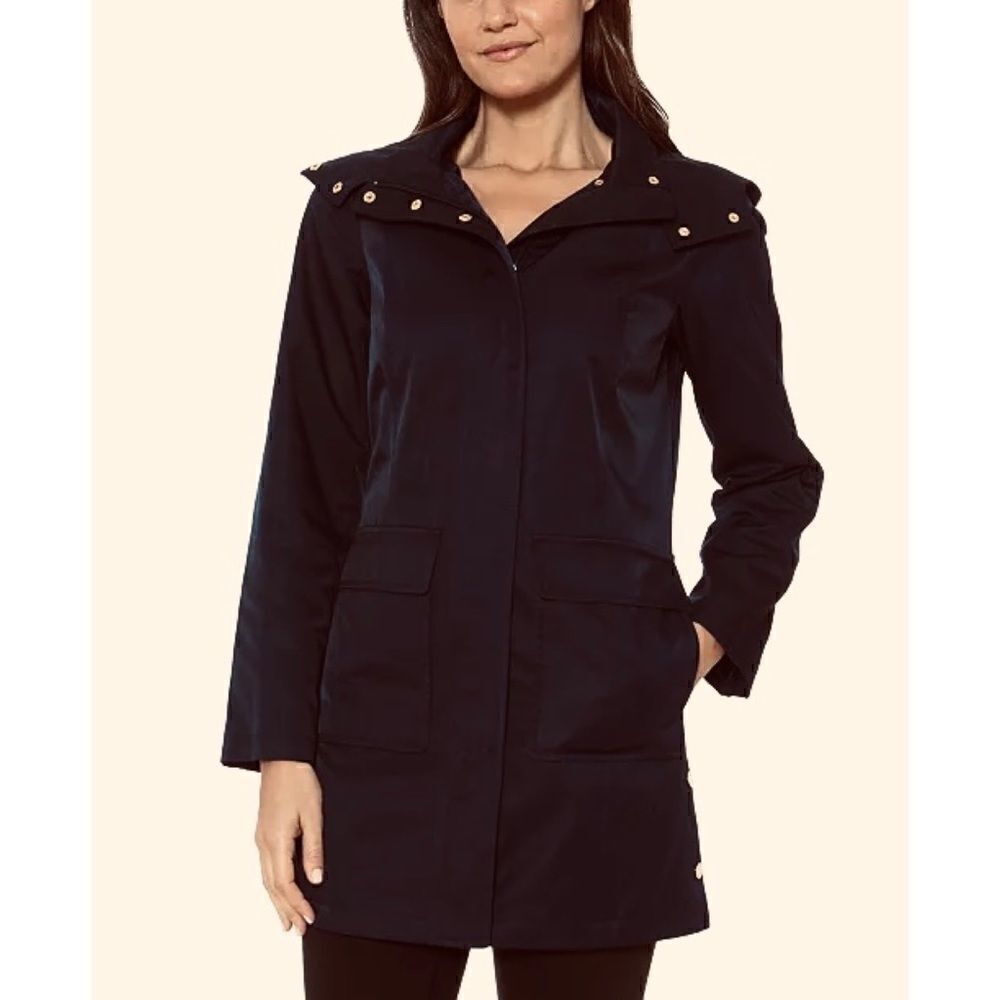 Jones New York Hooded Black Snap-Collar Raincoat Size Medium NWT